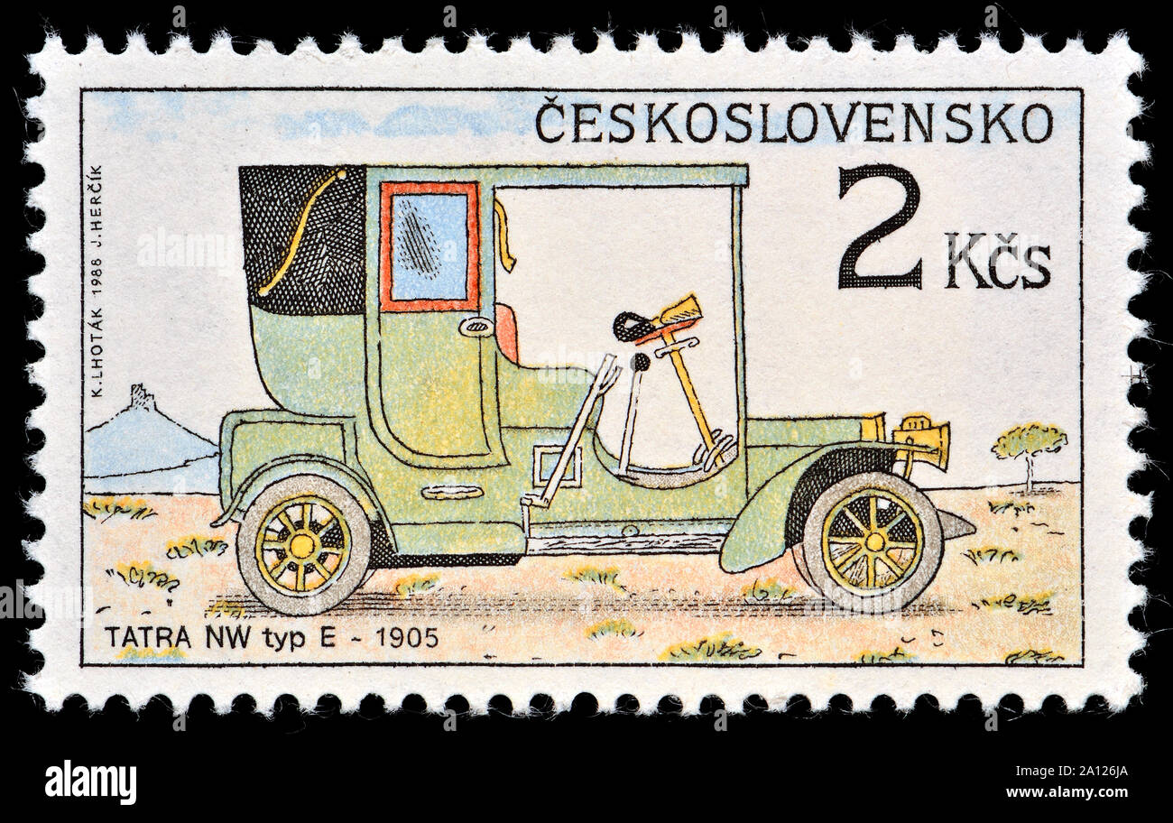 Czechoslovakian postage stamp (1988): Vintage car - Tatra NW Type E - 1905 Stock Photo
