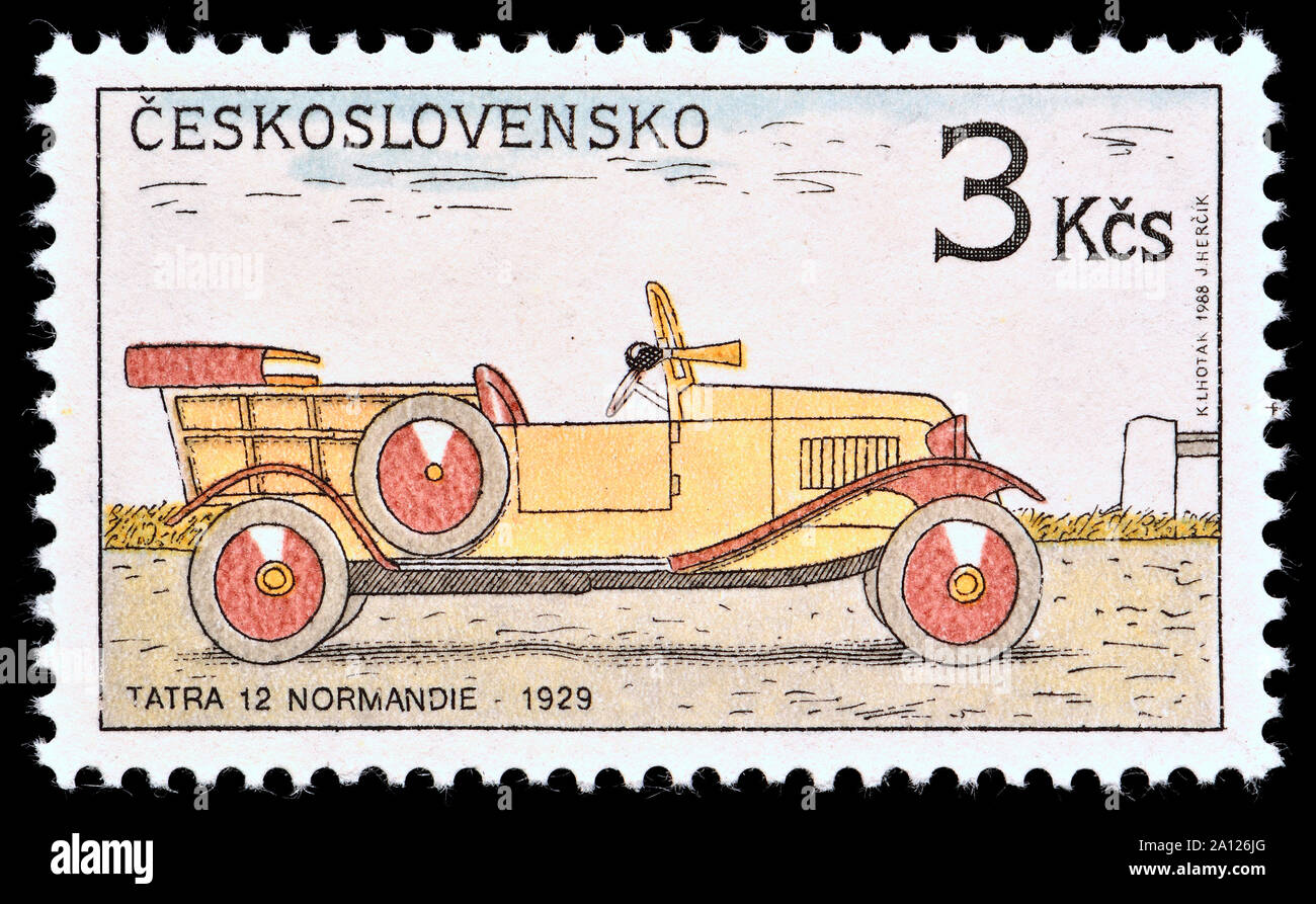 Czechoslovakian postage stamp (1988): Vintage car - Tatra 12 Normandie - 1929 Stock Photo