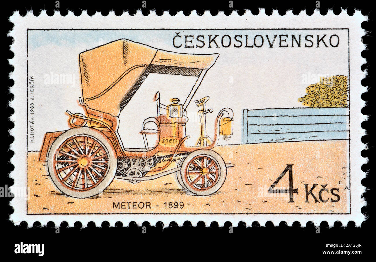 Czechoslovakian postage stamp (1988): Vintage car - Meteor - 1899 Stock Photo