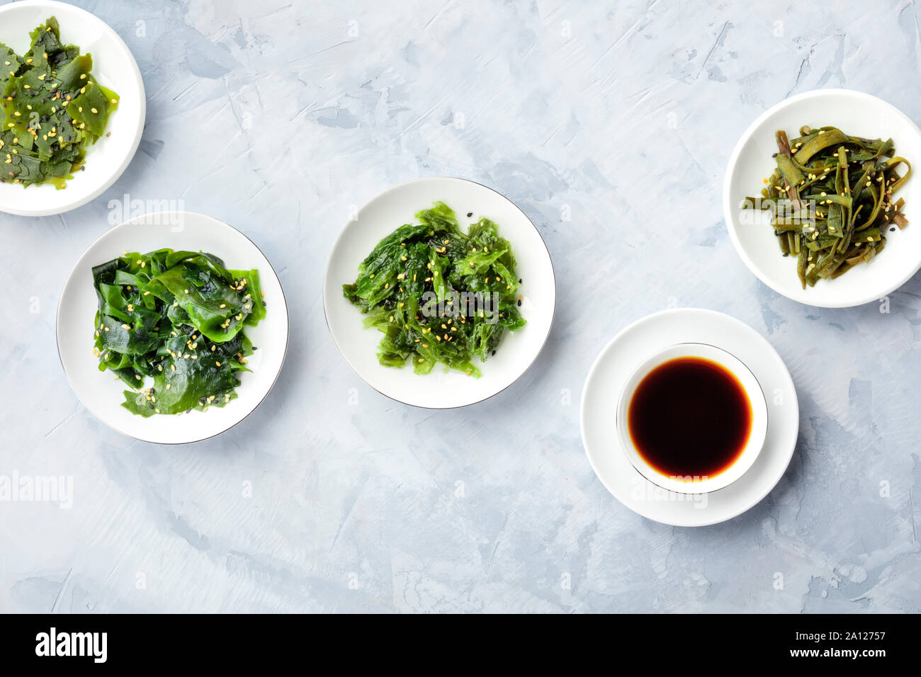 Various seaweed, sea vegetables, overhead shot with copy space. Superfoods background or a recipe design template Stock Photo