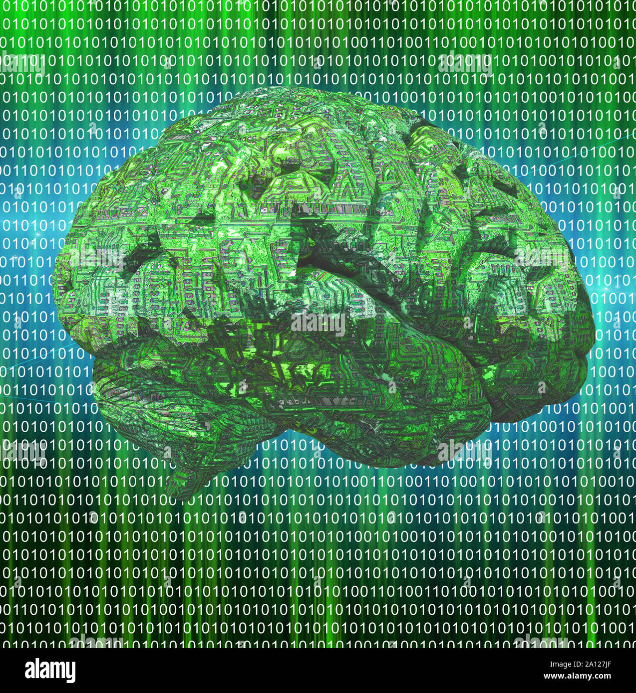 Electronic Brain on green binary code background Stock Photo - Alamy