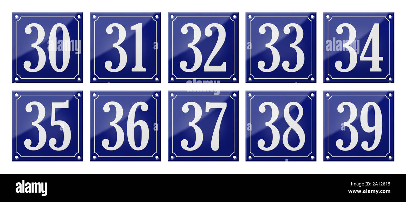 Set Of Traditional Blue Enamel Signs Numbers 30 39 Stock Photo Alamy