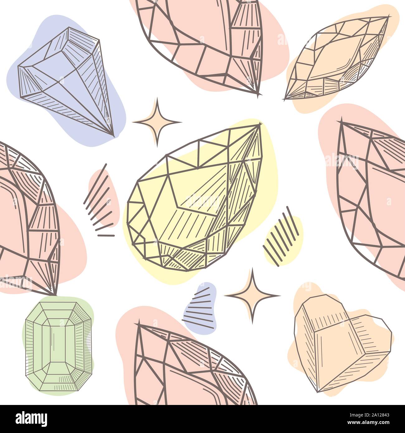Colorful seamless pattern with hand drawn crystals and gems in pink ...