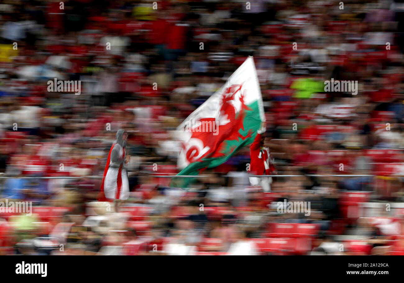 Fans of Wales show their support in the stands with a flag of Wales during the 2019 Rugby World Cup Pool D match at City of Toyota Stadium, Japan. Stock Photo