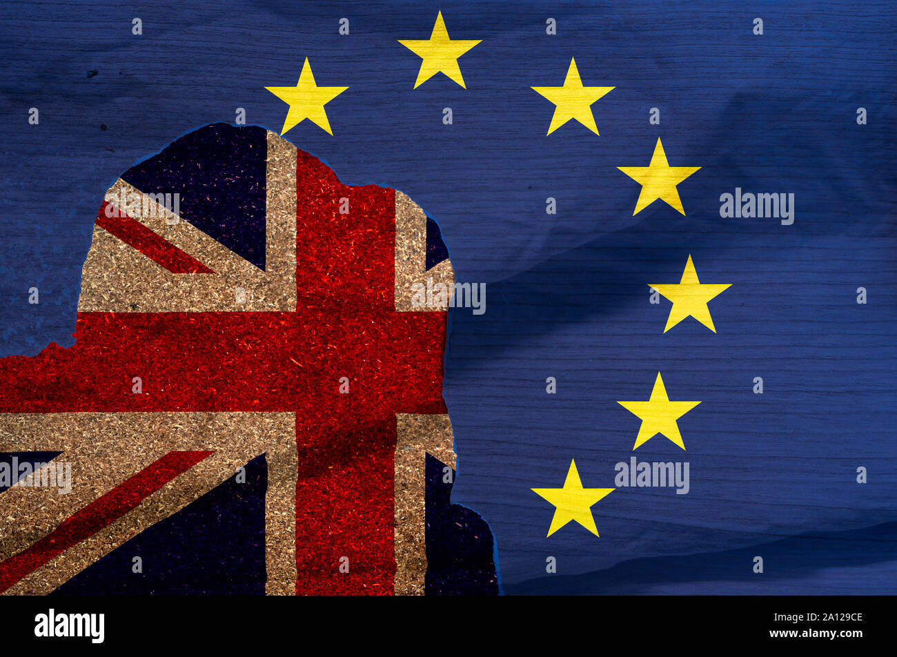 Britain to leave EU concept english and European union flags as a sign of Brexit. Union Jack and E.U flags combined Stock Photo