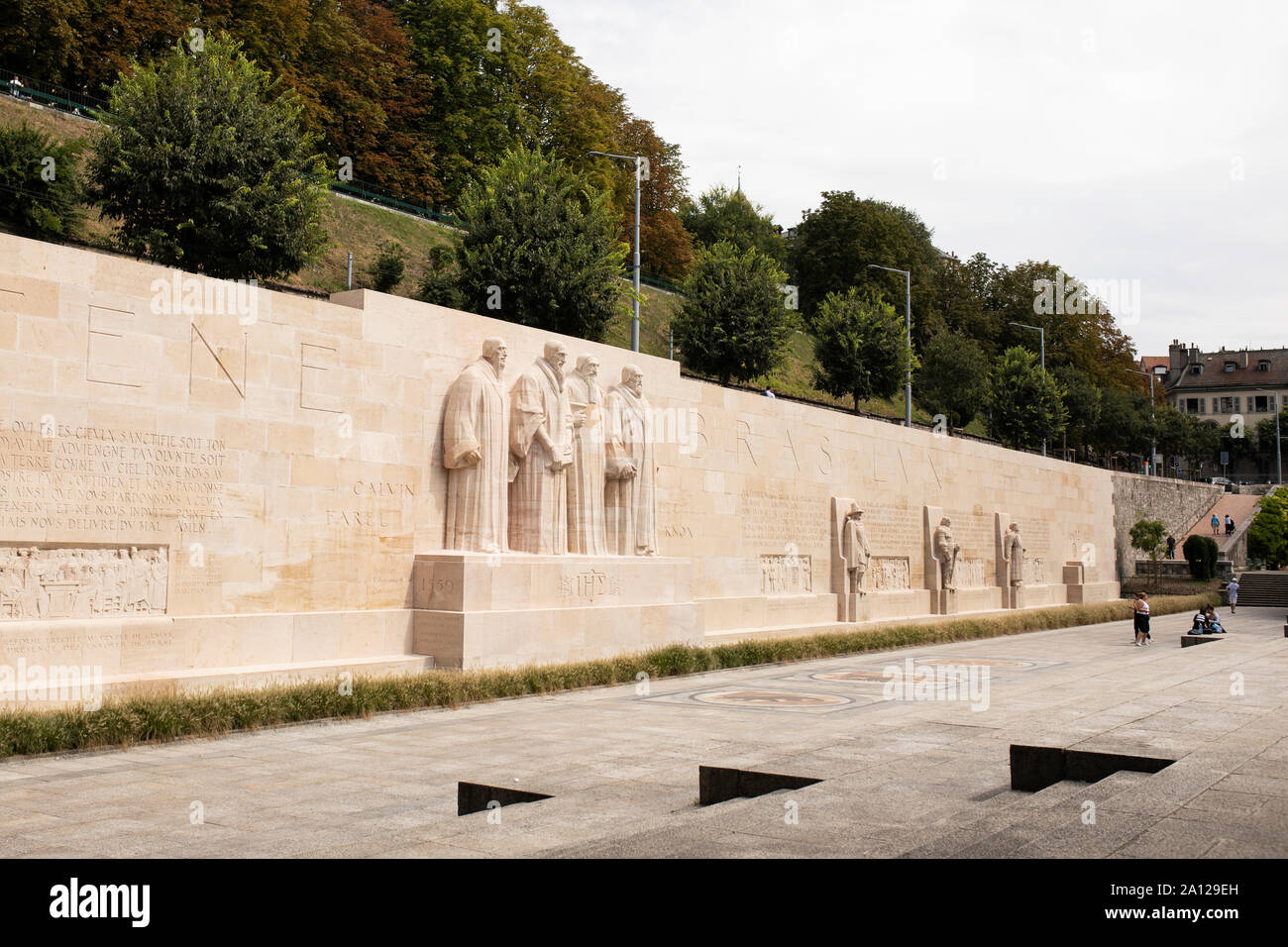 The Reformation Wall along the Promenade des Bastions in Geneva, Switzerland, a monument of sculptures honoring the founders of Protestantism. Stock Photo