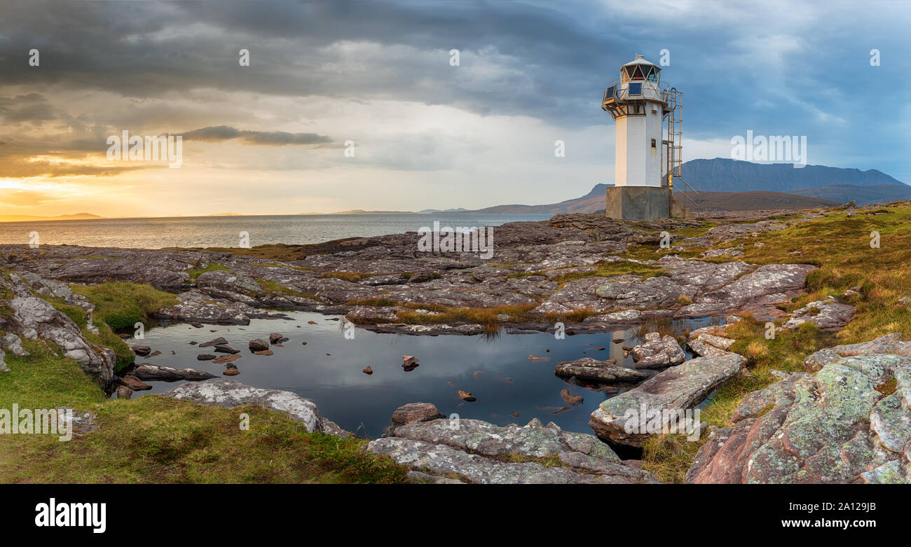 A panoramic view of the lighthouse at Rhue, just outside Ullapool in the far north west of Scotland Stock Photo