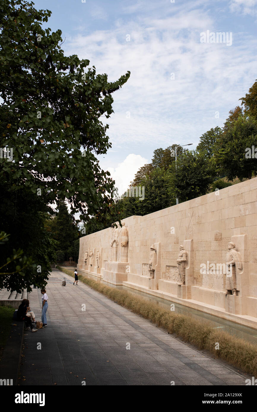 The Reformation Wall along the Promenade des Bastions in Geneva, Switzerland, a monument of sculptures honoring the founders of Protestantism. Stock Photo