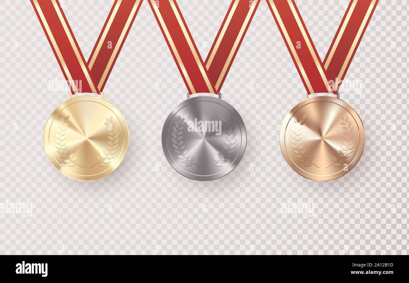 Golden Silver and Bronze medals with laurel hanging on red ribbon