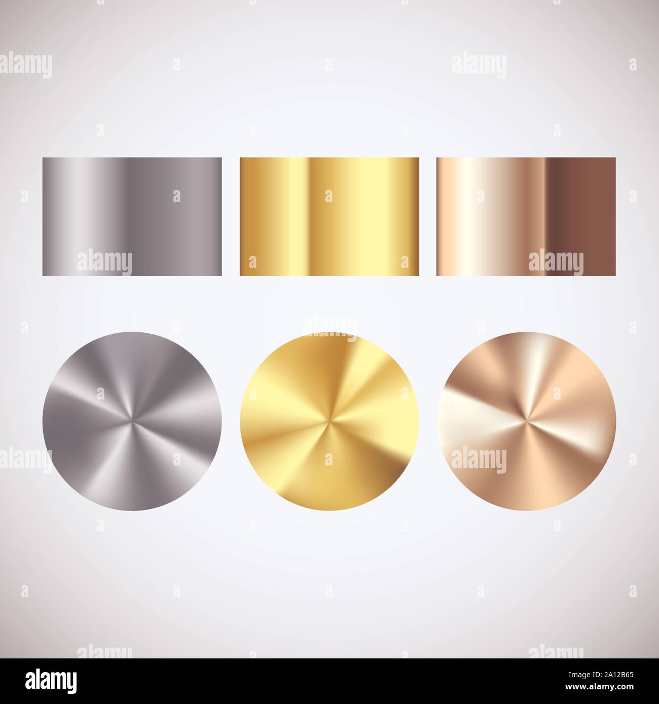 Golden Silver and Bronze radial gradient set. Collection of shiny bronze silvery and gold pattern. Vector illustration Stock Vector