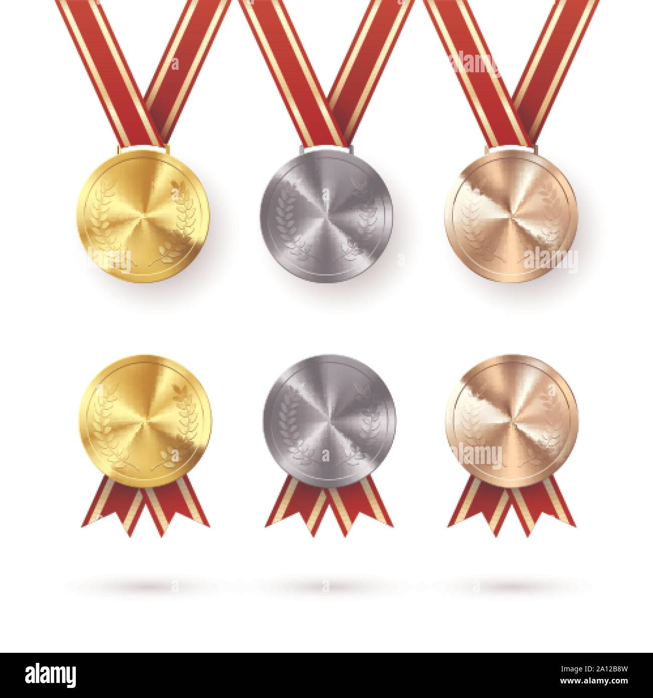 Set of Awards. Golden Silver and Bronze medals with laurel hanging on red ribbon. Award symbol of victory and success. Vector illustration isolated on Stock Vector