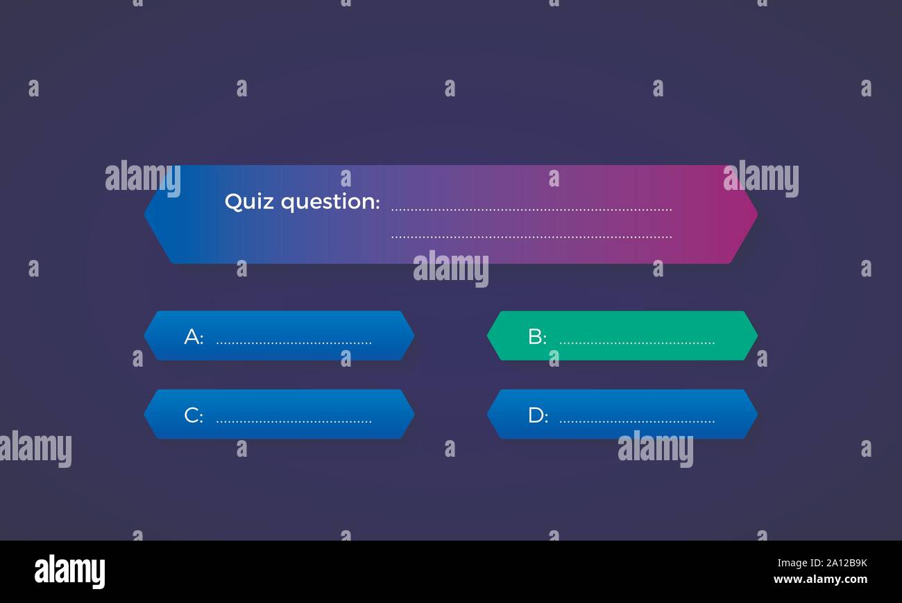 Design of quiz in blue color. Question and four answer option. Correct answer is green. Vector illustration Stock Vector