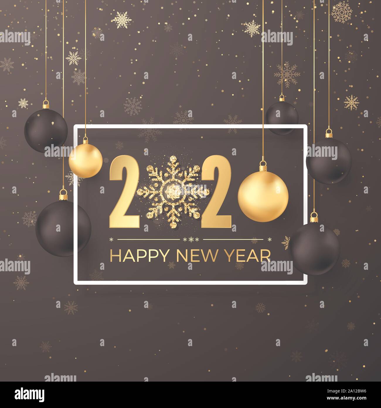 Christmas Decoration Elements. Greeting golden numbers 2020 and text Happy New Year on dark background in white frame. Black and golden hanging Christ Stock Vector
