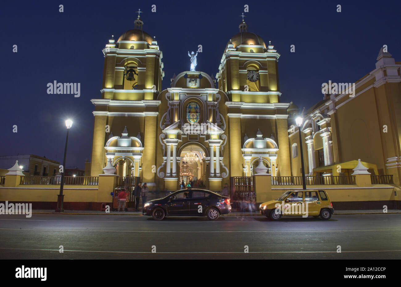 Trujillo Cathedral in the Plaza de Armas at blue hour, Trujillo, Peru Stock Photo
