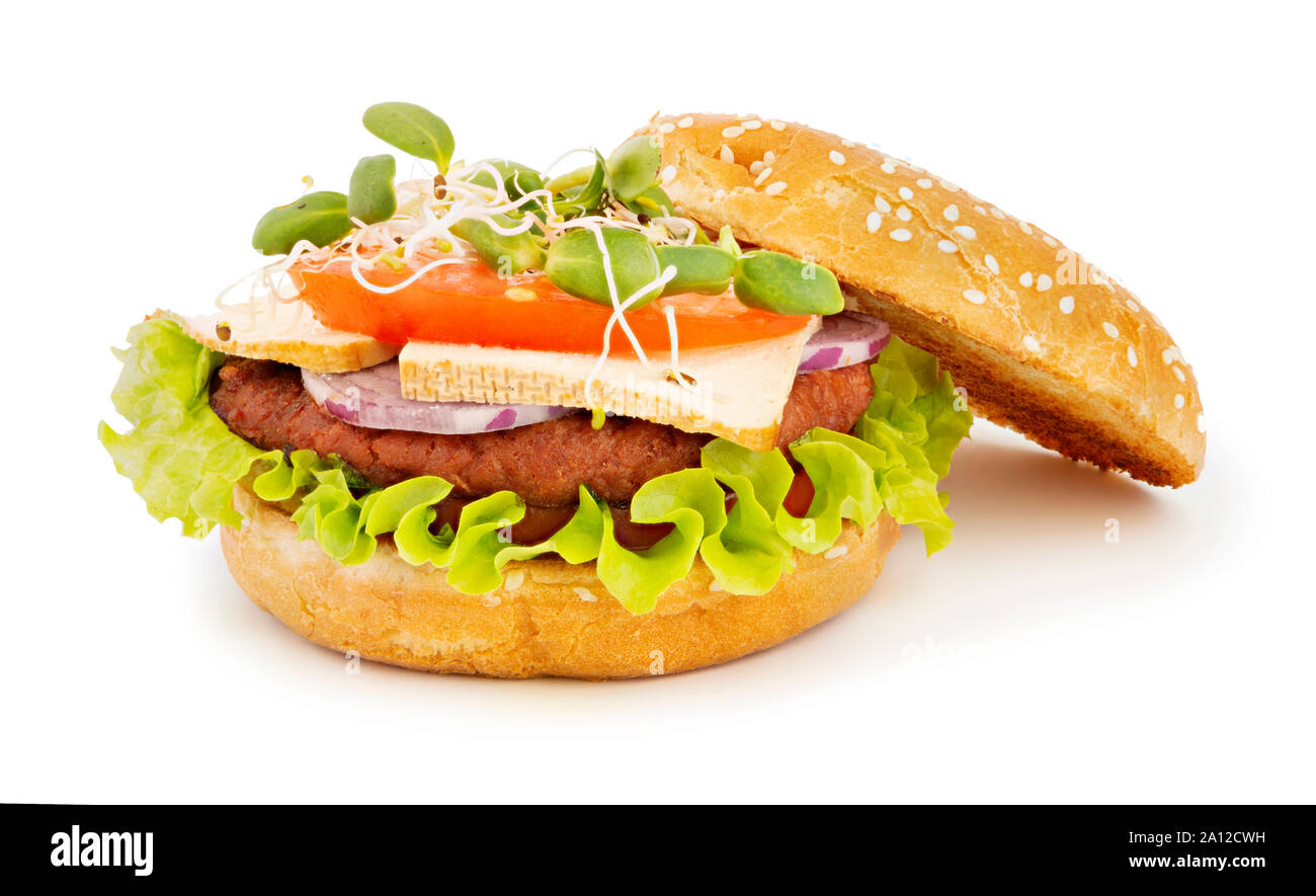 Vegan burger with tofu cheese and vegetables Stock Photo