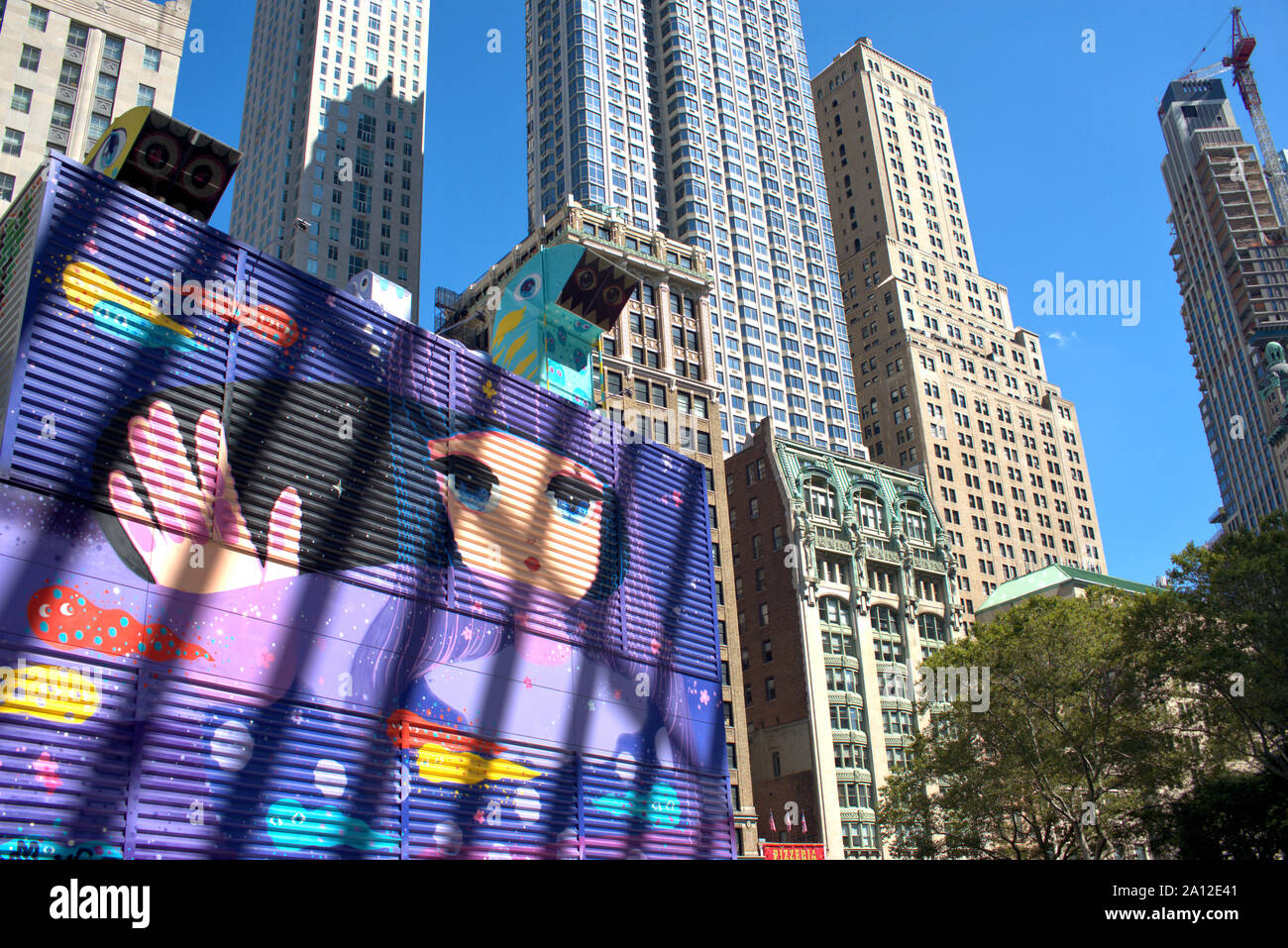 Buildings and skyline on Vesey Street, World Trade Center area, Lower Manhattan, New York City, New York, USA Stock Photo