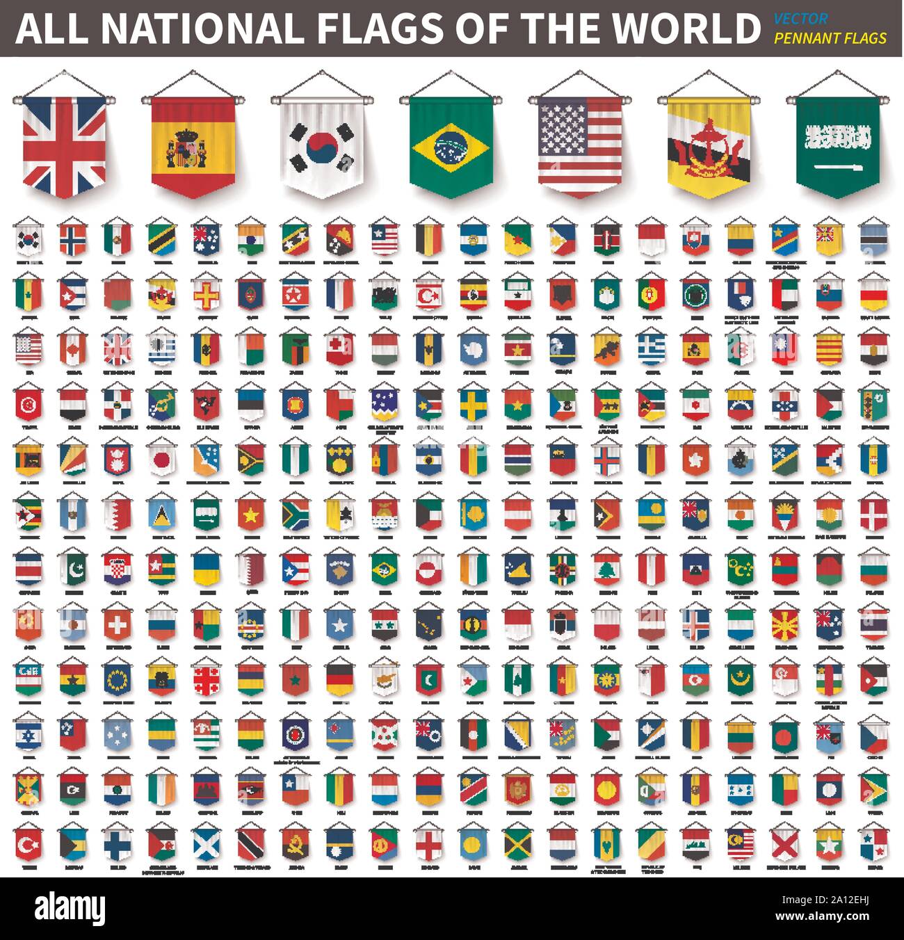 All national flags of the world . 3D realistic pennant hanging design . White isolated background . Vector . Stock Vector