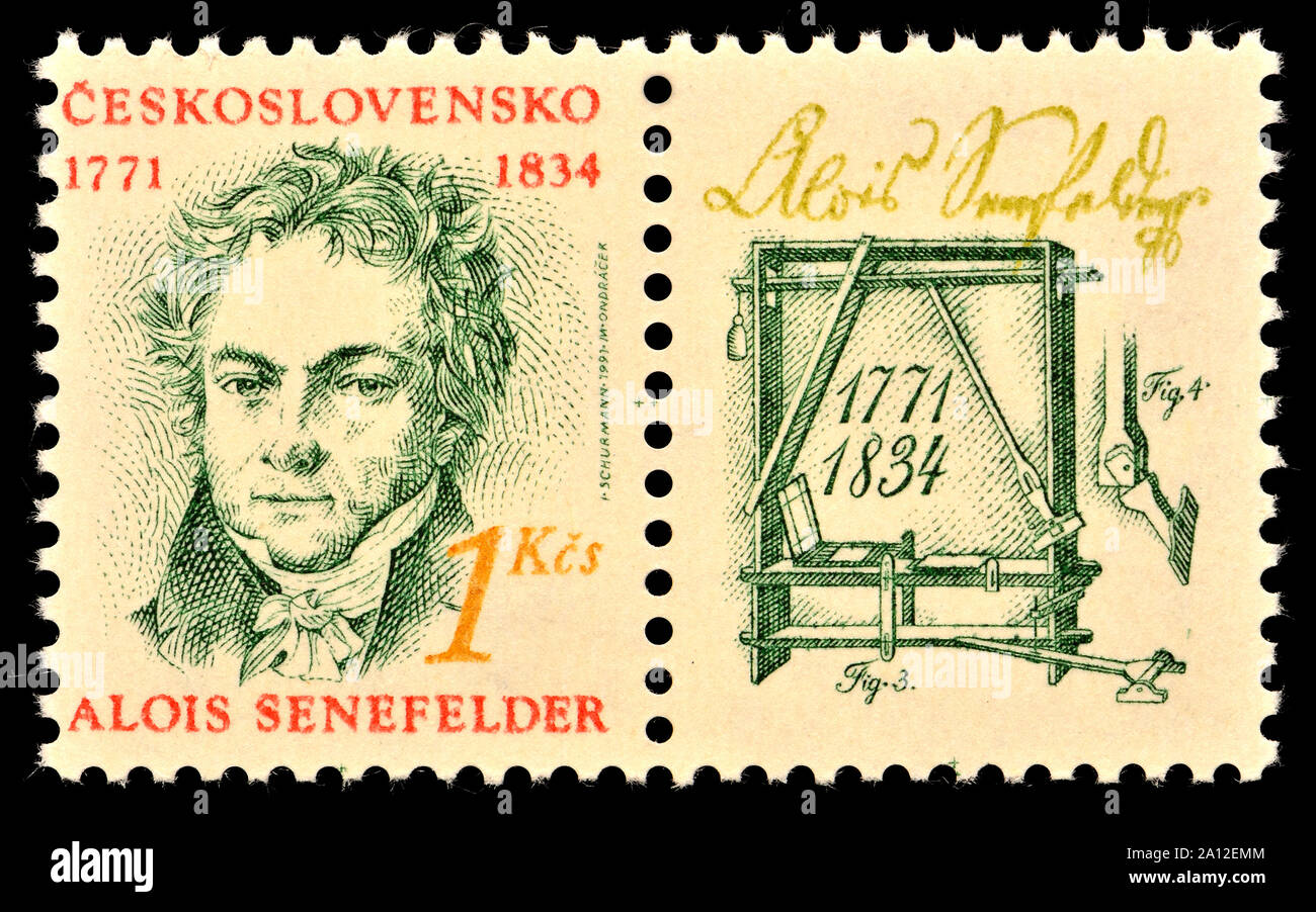 Czechoslovakian postage stamp (1991): Alois Senefelder (1771-1834) German actor, playwright and inventor of lithography Stock Photo