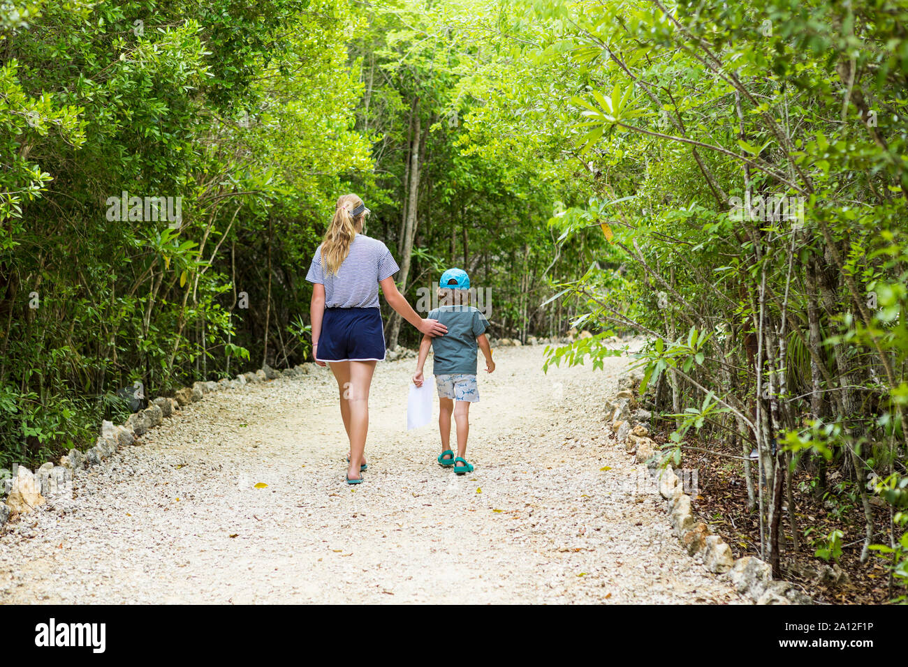rear view of 13 year old sister and her 5 year old brother walking on ...
