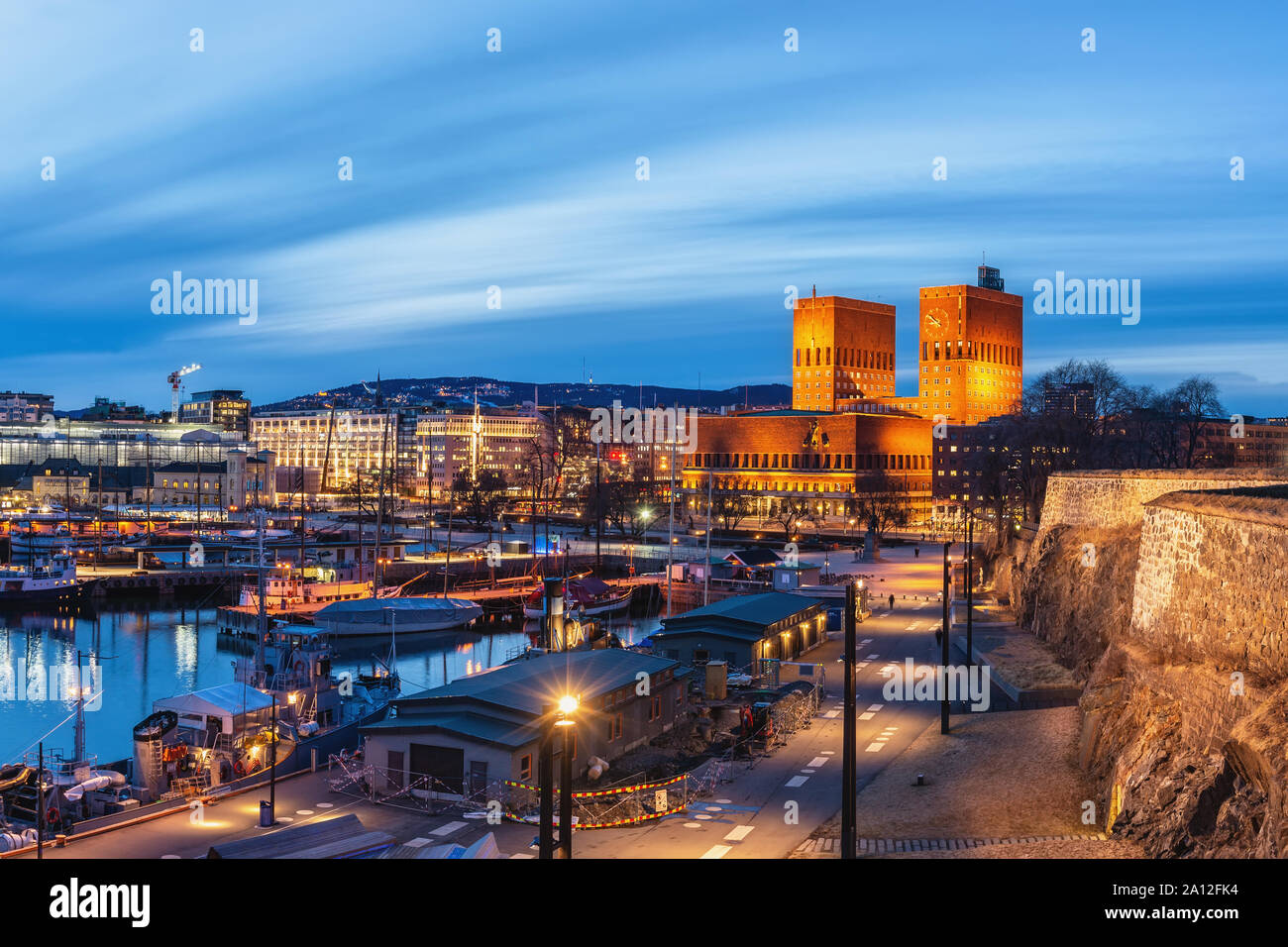 Oslo Norway, night city skyline at Oslo City Hall and Harbour Stock Photo