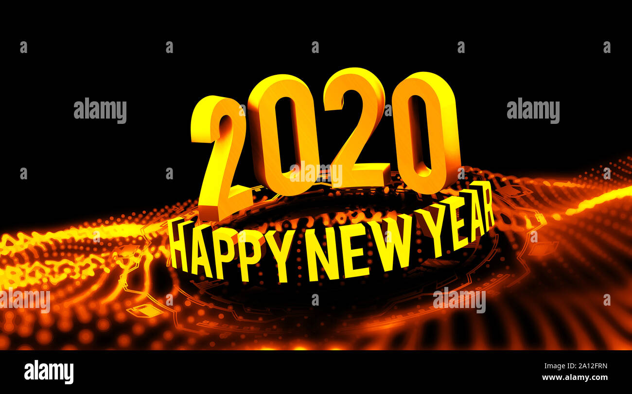 Congratulations on the New Year 2020 in technostyle. Rounded 3D text with HUD elements. Big data. illustration Stock Photo