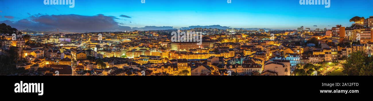 Lisbon Portugal aerial view night panorama city skyline at Lisbon Baixa district Stock Photo