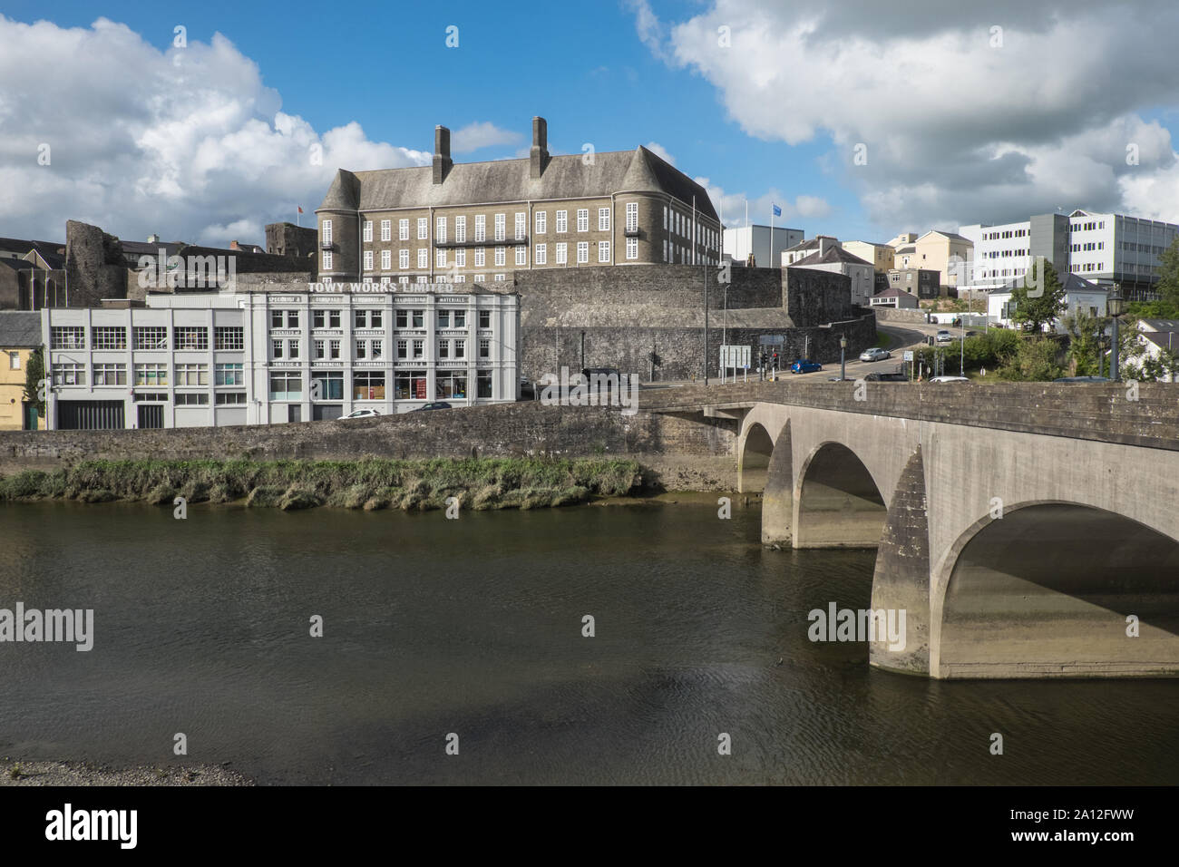 County Hall,River Towy,imposing,building,on,skyline,of,Carmarthen,Carmarthenshire County Council,Carmarthenshire,Wales,Welsh,UK,U.K.,GB,Britain, Stock Photo