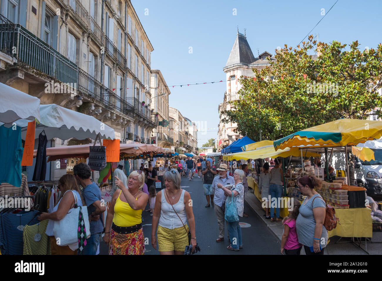 The popular saturday street market in Sainte-Foy-La-Grande in the Gironde Department of South Western France Stock Photo