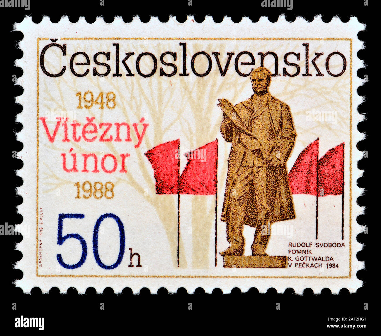 Czechoslovakian postage stamp (1988) : 'Victorious February' and National Front, 40th Anniversary Stock Photo