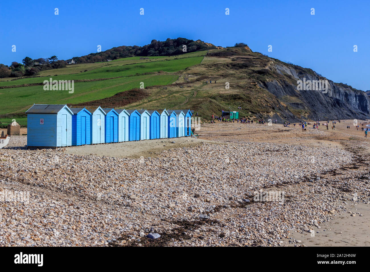 charmouth seaside resort, crumbling cliff strata, fossil hunting beaches, south coast, long distance footpath,dorset, england, uk, gb Stock Photo