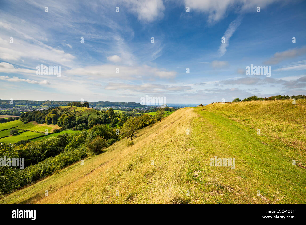 A view along the ramparts of Uley Bury Iron Age Hill fort towards