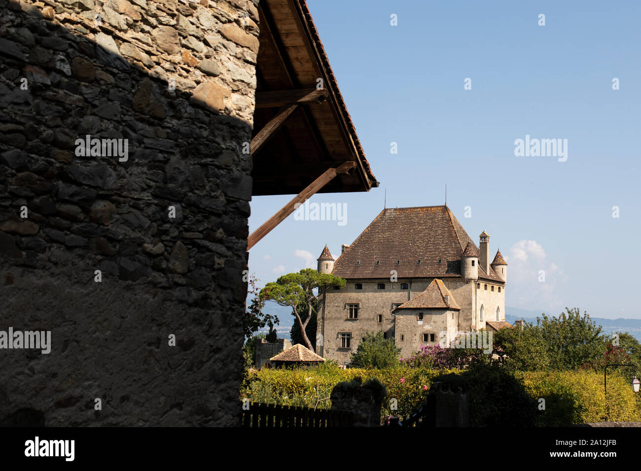 The Garden of the Five Senses and the chateau in the medieval town of Yvoire, Haute-Savoie, Auvergne-Rhône-Alpes, France. Stock Photo