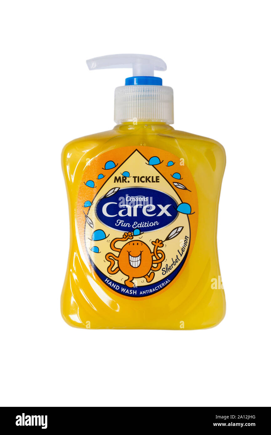 Bottle of Cussons Carex Mr Tickle sherbet lemon antibacterial hand wash isolated on white background Stock Photo