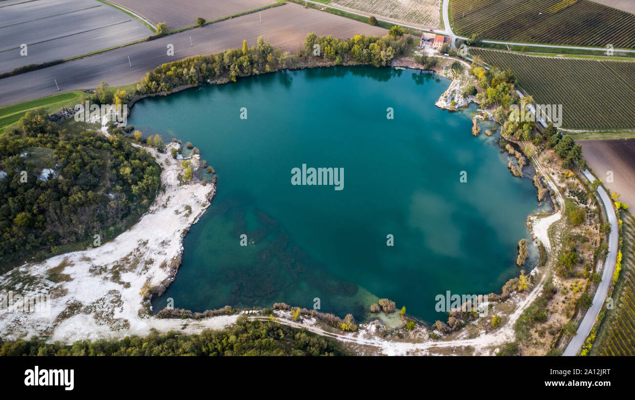 Drone view of a lake in Colli Euganei, Italy Stock Photo