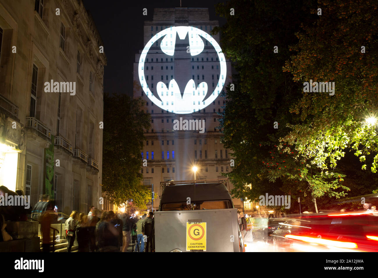 London UK. 21 September 2019. Gotham City iconic bat signal shines on Senate House London Bloomsbury marking batmanday global celebrations of Batman Stock Photo