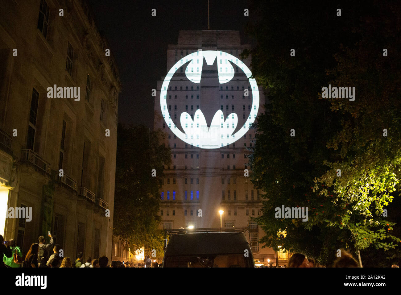 London UK. 21 September 2019. Gotham City iconic bat signal shines on Senate House London Bloomsbury marking batmanday global celebrations of Batman Stock Photo
