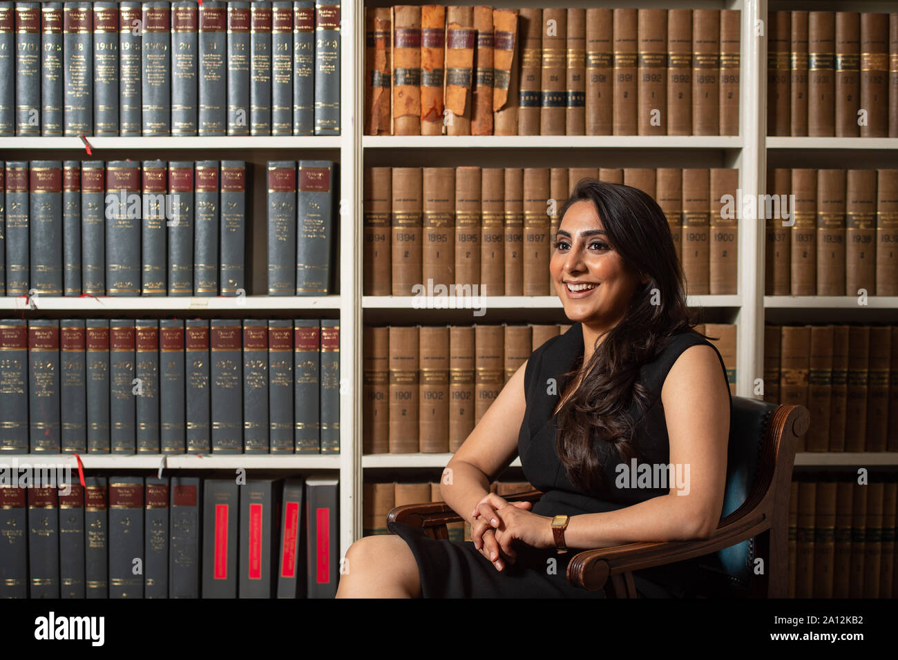 Barrister Rehana Popal, who is one of 10 social mobility advocates for the Bar Council in 2019, at King's Bench Walk Chambers, London. Stock Photo