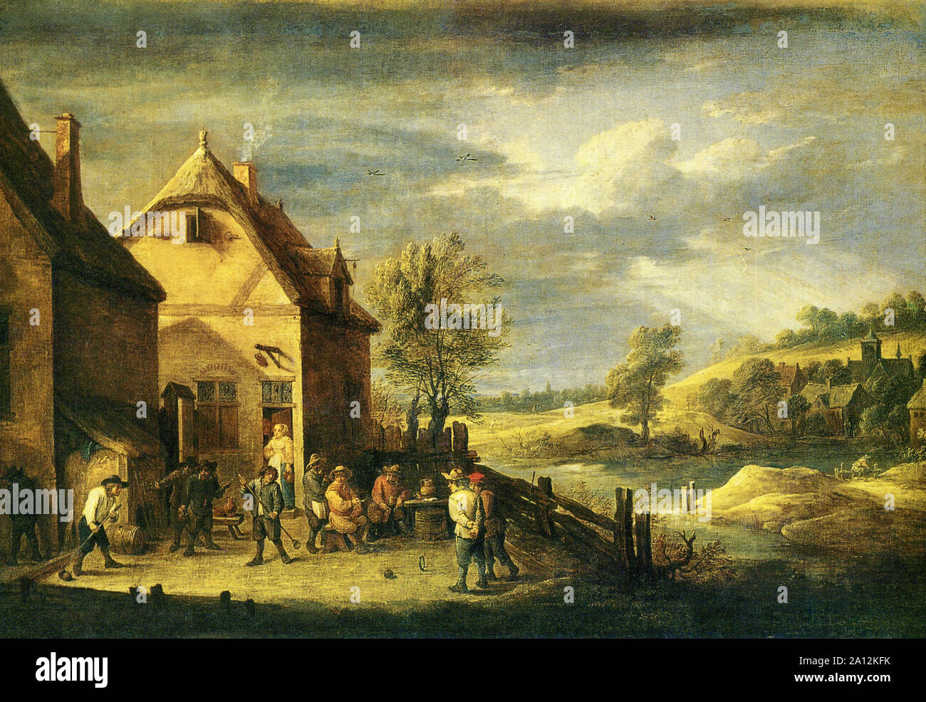 Painting by David Teniers the Younger 1610-1690-Peasants playing at skittles oil on canvas Stock Photo