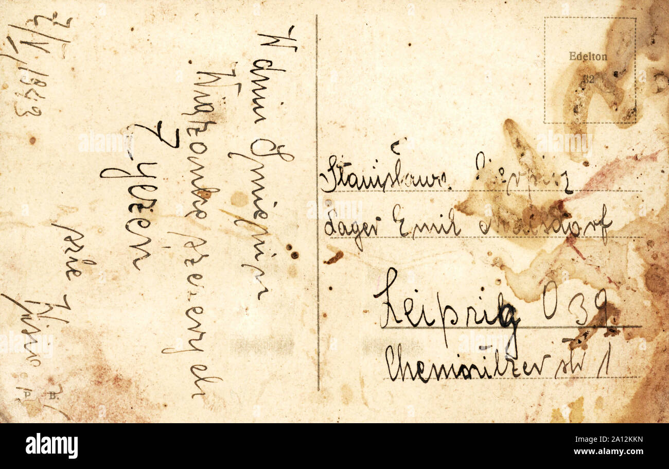 Backside of Vintage postcard with handwritten message Stock Photo
