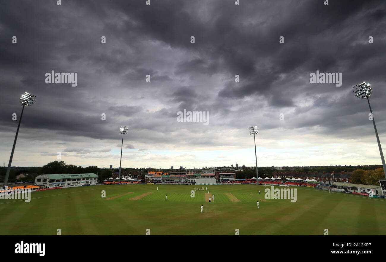 A general view of the action under grey clouds during day one of the Specsavers County Championship Division Two match at The Fischer County Ground, Leicester. Stock Photo