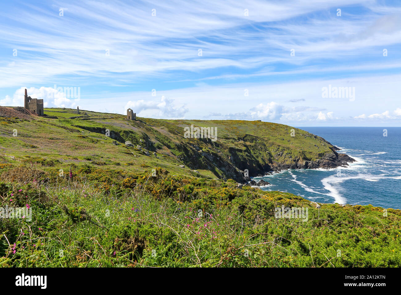 Looking towards the disused mine workings at Botallack, Cornwall, England, UK Stock Photo