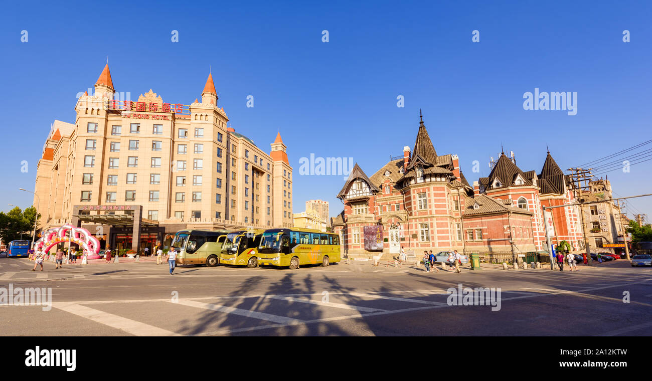 Liaoning, China - 28 August 2016: Russian architecture Dalian Art International Museum and Furong Hotel at Russian Street. Stock Photo
