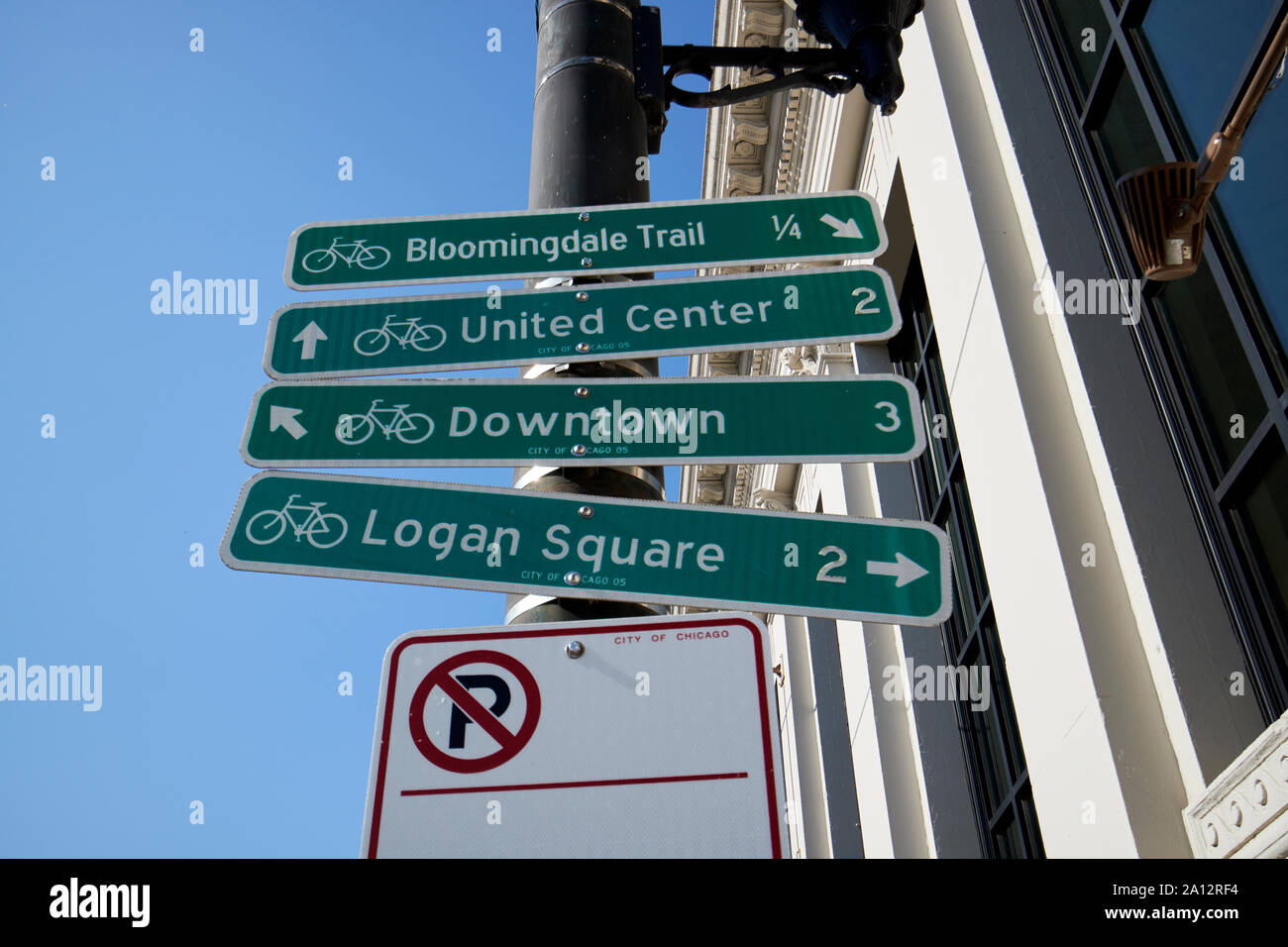 signs for various cycle routes through neighborhoods in chicago illinois united states of america Stock Photo