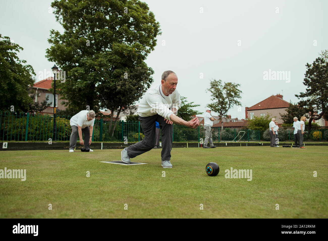 A front view shot of a senior man taking his shot in a game of lawn bowling. Stock Photo