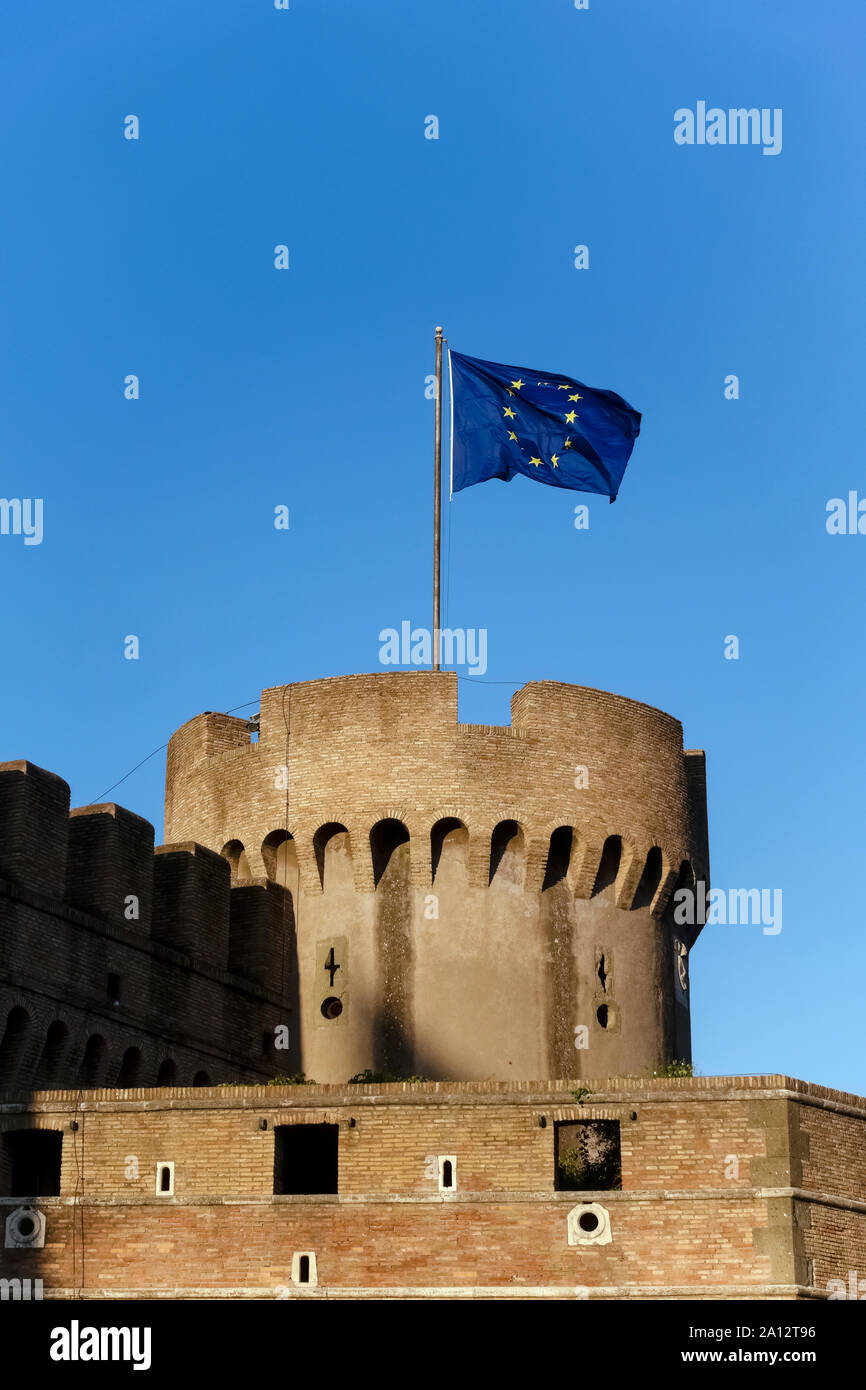 Castle of the Holy Angel, Mausoleum of Hadrian, National Museum. Castel Sant’Angelo. European Italian flag. Rome, Italy, Europe, European Union, EU. Stock Photo