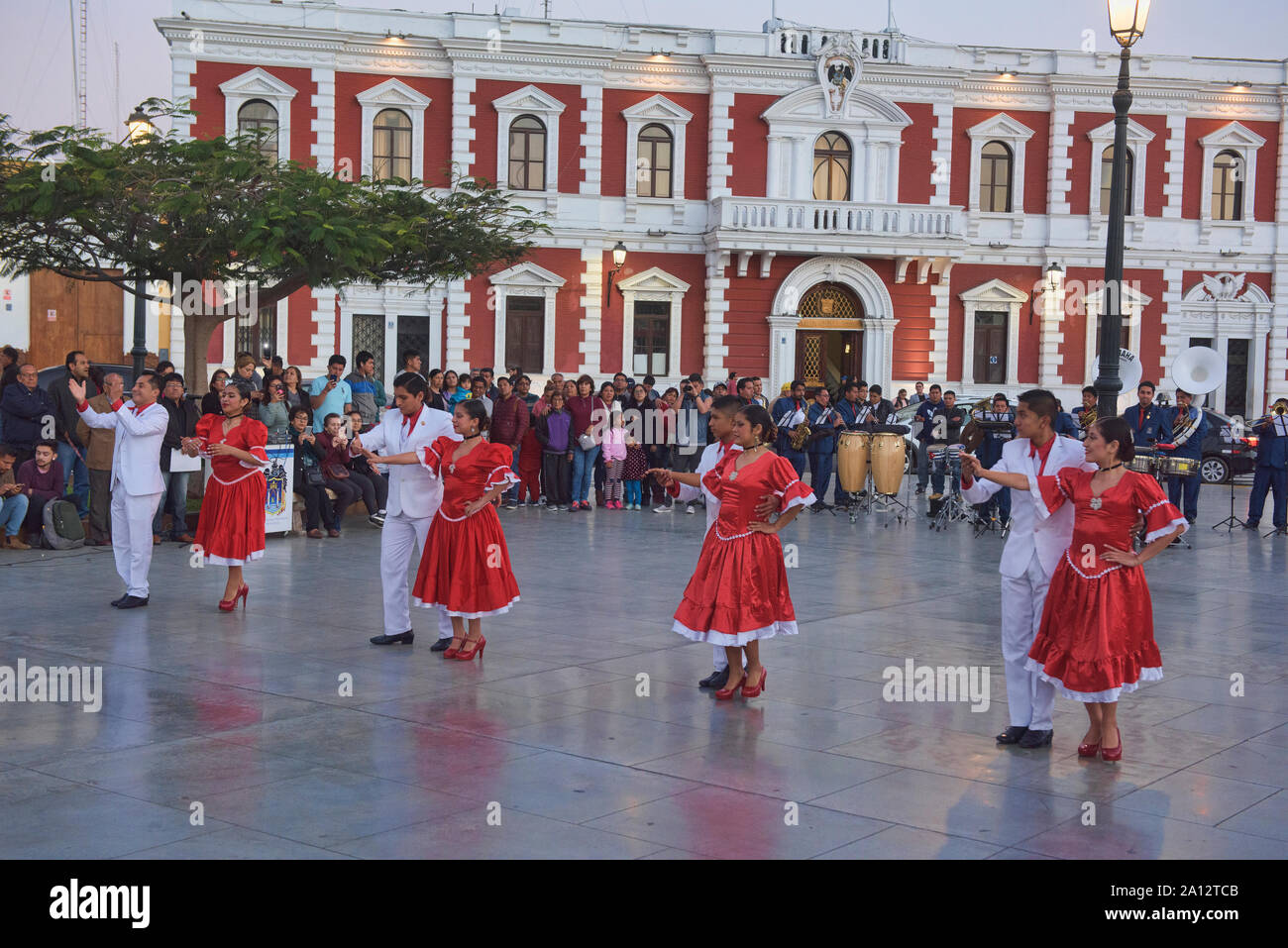 Dancing in the historic Plaza de Armas in Trujillo, Peru Stock Photo