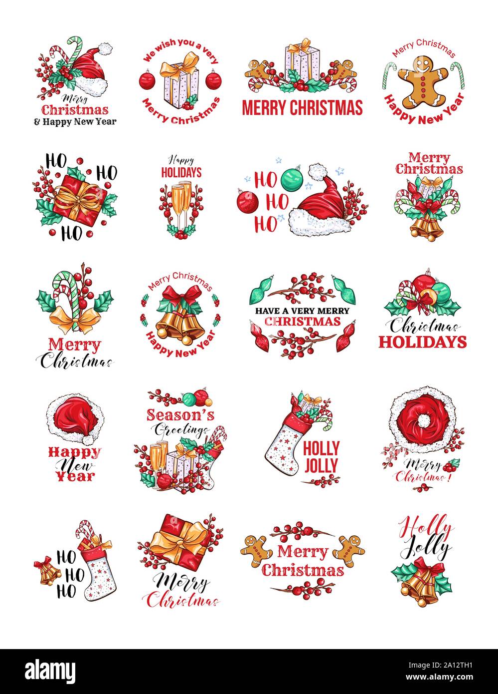 Christmas holidays logo vector set. Winter season festive hand drawn color stickers with typography pack. Merry Xmas, Ho Ho Ho greetings letterings. New Year celebration badges isolated collection Stock Vector