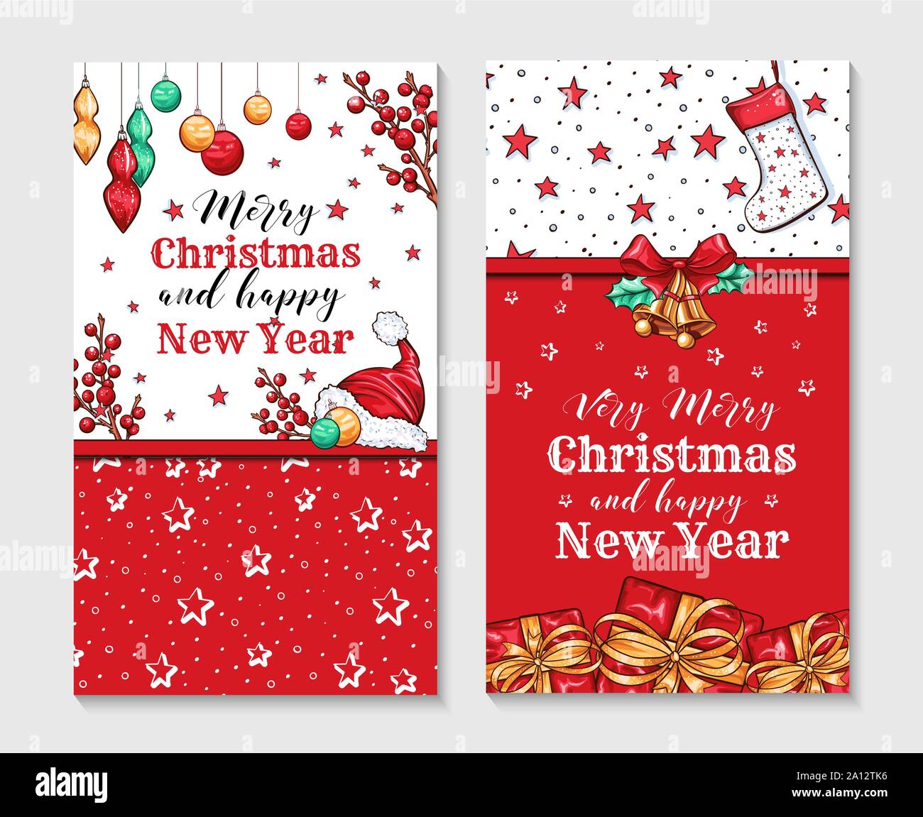 Very Merry Christmas holiday greeting cards vector templates set. New Year postcards design pack. Hanging fir tree baubles and lettering on red background. Xmas celebration invitation layout Stock Vector