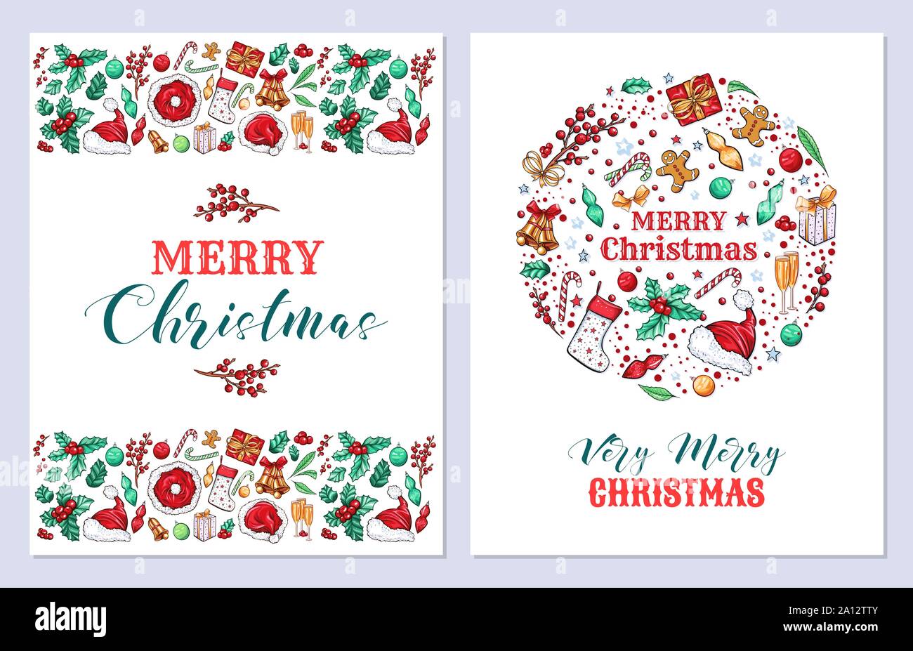 Christmas holiday greeting cards vector templates set. New Year postcards design pack. Mistletoe, bells winter traditional symbols and lettering on white background. Xmas celebration invitation layout Stock Vector