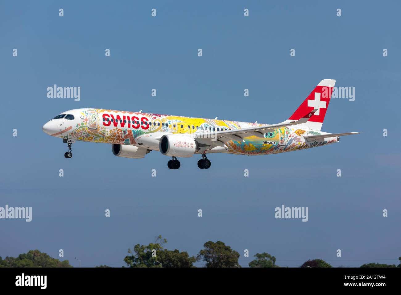 Swiss International Air Lines Airbus A220-300 (REG: HB-JCA) in special livery on short finals runway 31. Stock Photo